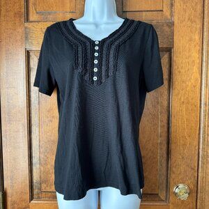 Fashion Bug Black Henley Style Short Sleeve Tee w/Ruffle Accent Medium